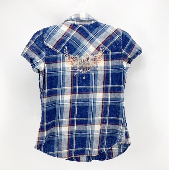 Harley Davidson button up short sleeve plaid semi distressed logo front n back - Picture 9 of 12